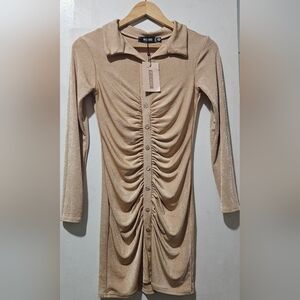 Missguided Tan Long Sleeve Ruched Dress